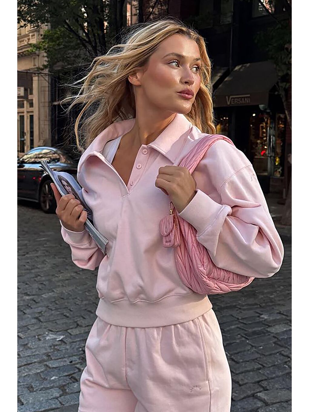 Pembe Polo Yaka Kadın Şort Sweatshirt Takım Mg2375-1