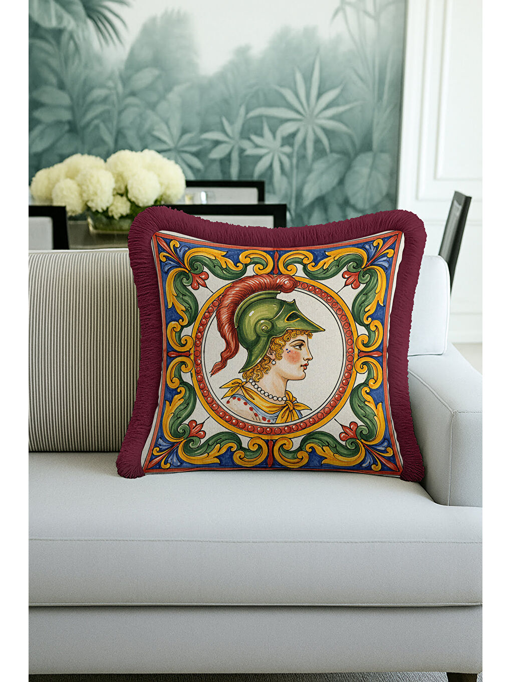 Karışık Antik Motifli Lüks Saçaklı Yastık Kılıfı - Rönesans Etnik Bordo Sarı Püsküllü Kırlent Kılıfı-3