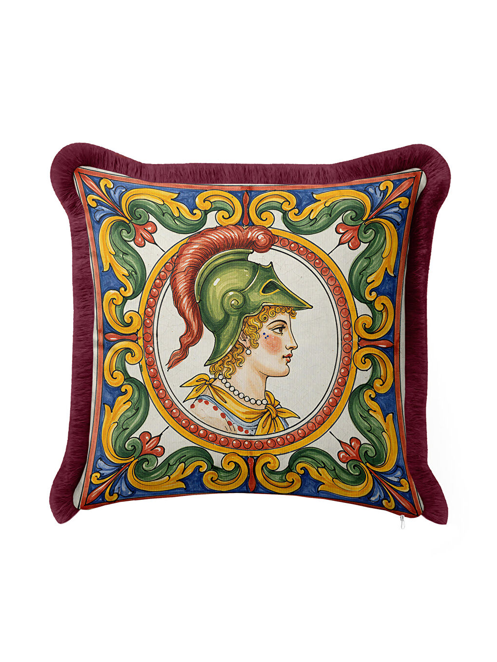 Karışık Antik Motifli Lüks Saçaklı Yastık Kılıfı - Rönesans Etnik Bordo Sarı Püsküllü Kırlent Kılıfı-4