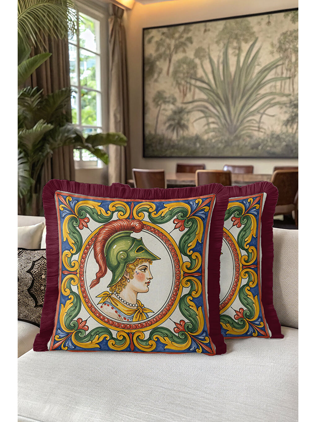 Karışık Antik Motifli Lüks Saçaklı Yastık Kılıfı - Rönesans Etnik Bordo Sarı Püsküllü Kırlent Kılıfı-5