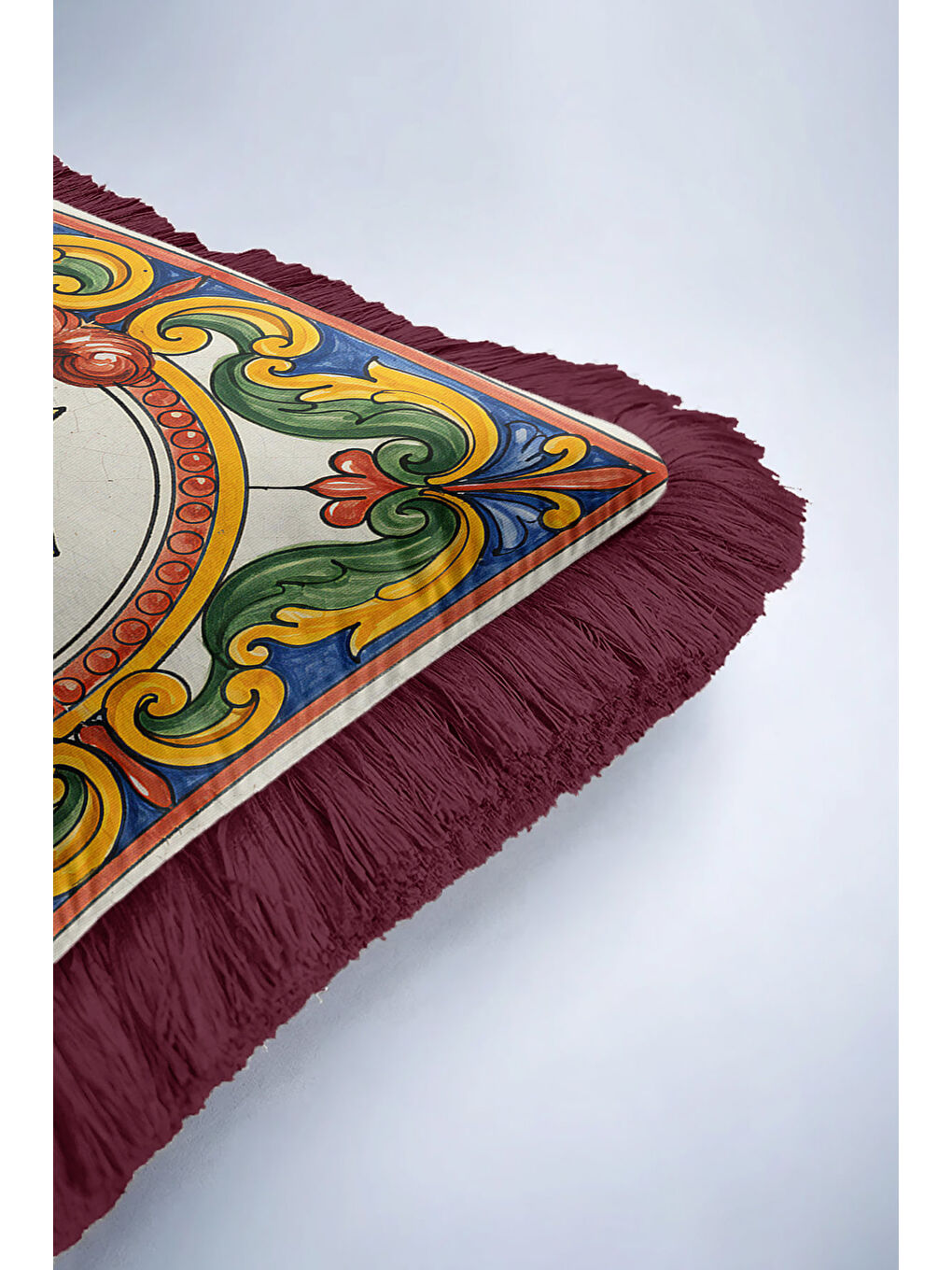 Karışık Antik Motifli Lüks Saçaklı Yastık Kılıfı - Rönesans Etnik Bordo Sarı Püsküllü Kırlent Kılıfı-6