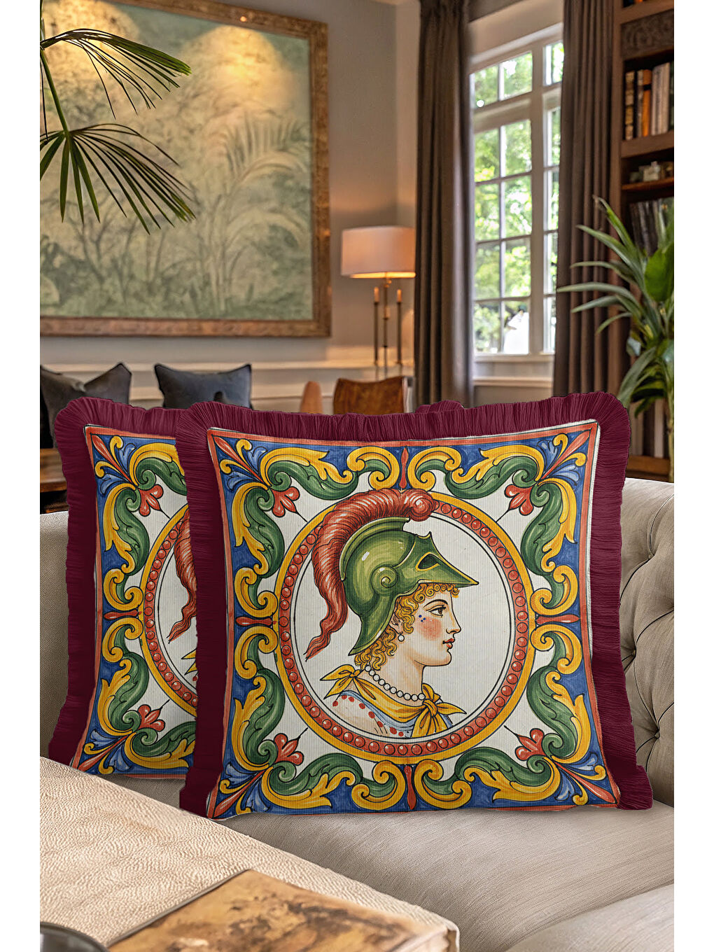 Karışık Antik Motifli Lüks Saçaklı Yastık Kılıfı - Rönesans Etnik Bordo Sarı Püsküllü Kırlent Kılıfı-7