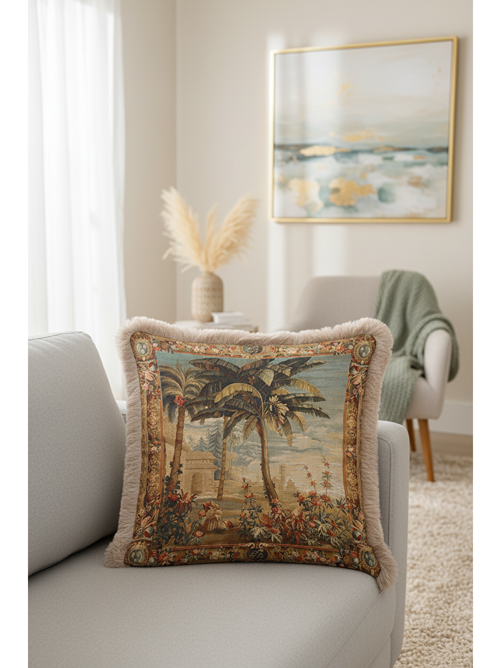 Karışık Barok Lüks Saray Saçaklı Yastık Kılıfı - Antik Egzotik Doğal Vintage Krem Püsküllü Kırlent Kılıfı