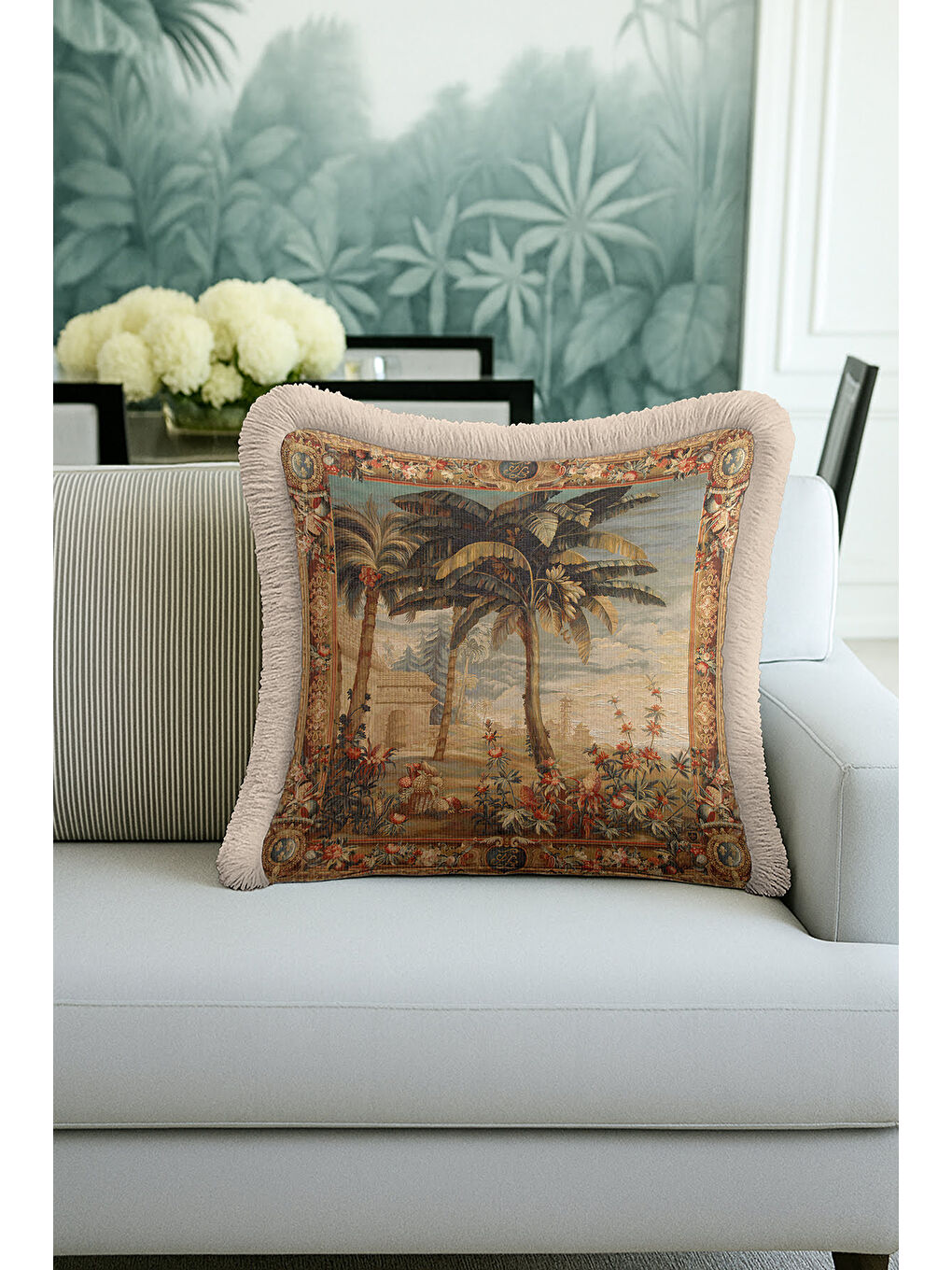 Karışık Barok Lüks Saray Saçaklı Yastık Kılıfı - Antik Egzotik Doğal Vintage Krem Püsküllü Kırlent Kılıfı-1