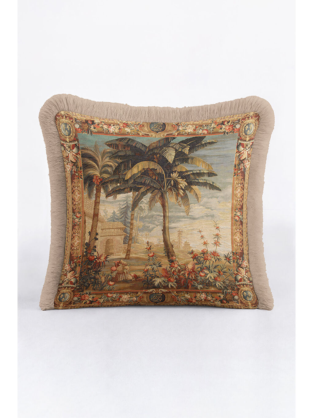 Karışık Barok Lüks Saray Saçaklı Yastık Kılıfı - Antik Egzotik Doğal Vintage Krem Püsküllü Kırlent Kılıfı-2