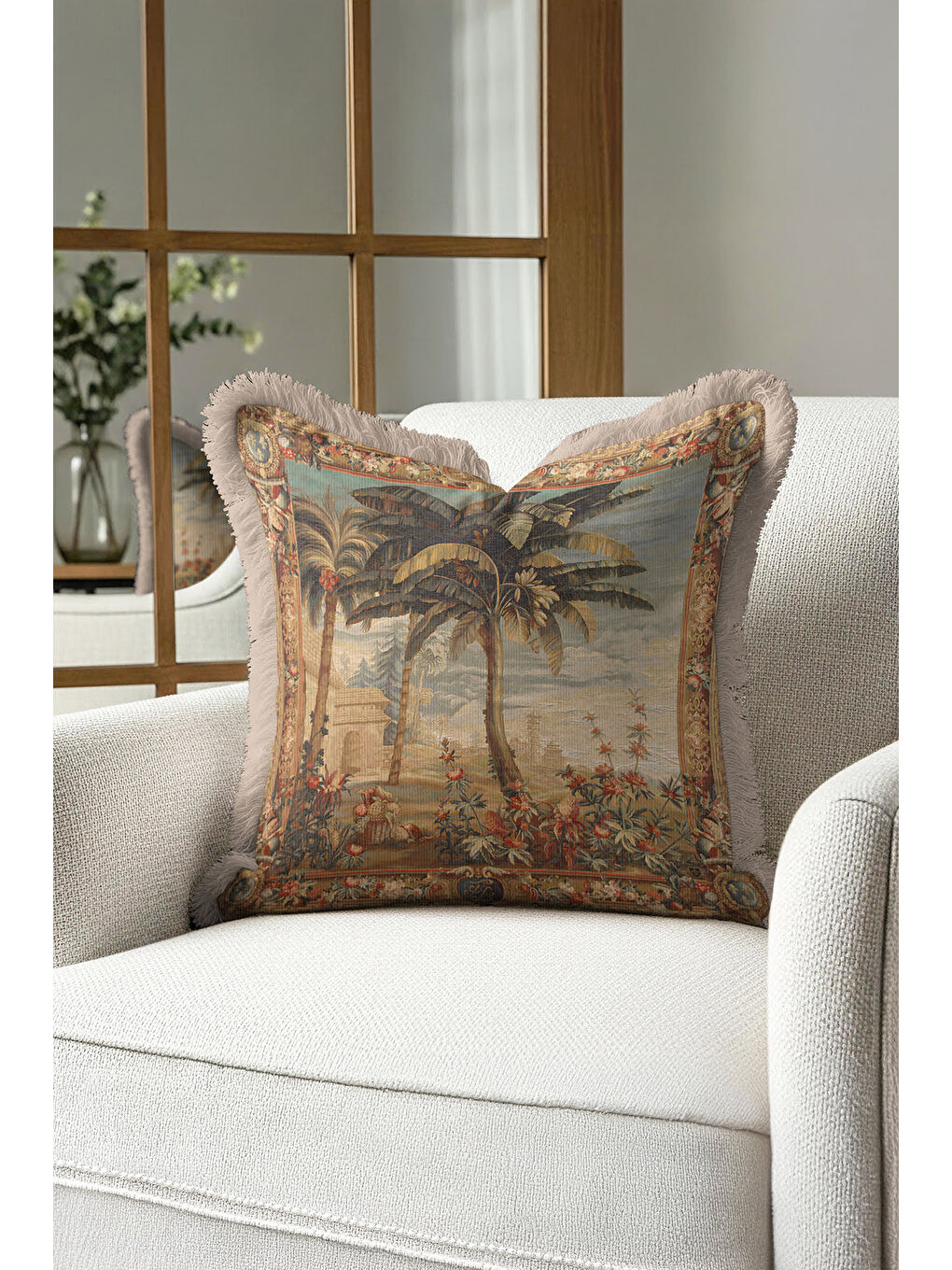 Karışık Barok Lüks Saray Saçaklı Yastık Kılıfı - Antik Egzotik Doğal Vintage Krem Püsküllü Kırlent Kılıfı-3