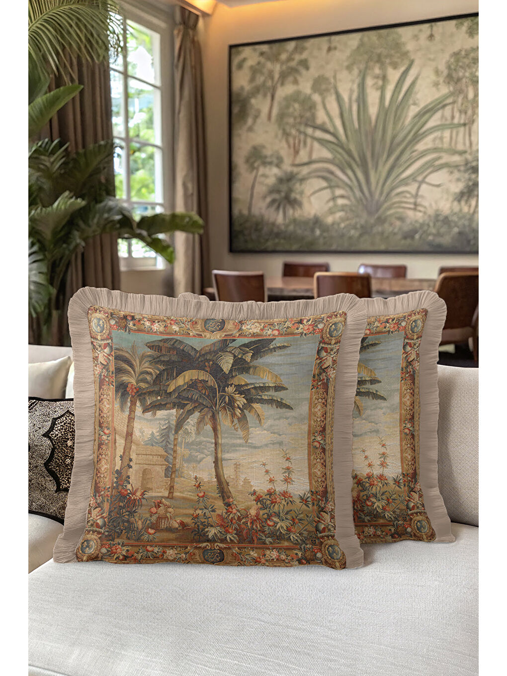 Karışık Barok Lüks Saray Saçaklı Yastık Kılıfı - Antik Egzotik Doğal Vintage Krem Püsküllü Kırlent Kılıfı-5