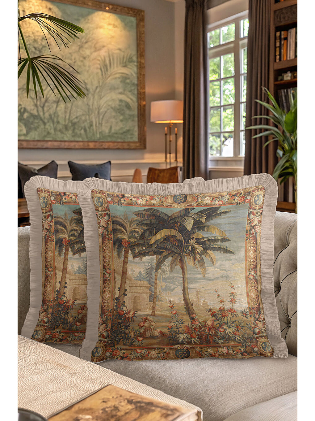 Karışık Barok Lüks Saray Saçaklı Yastık Kılıfı - Antik Egzotik Doğal Vintage Krem Püsküllü Kırlent Kılıfı-7