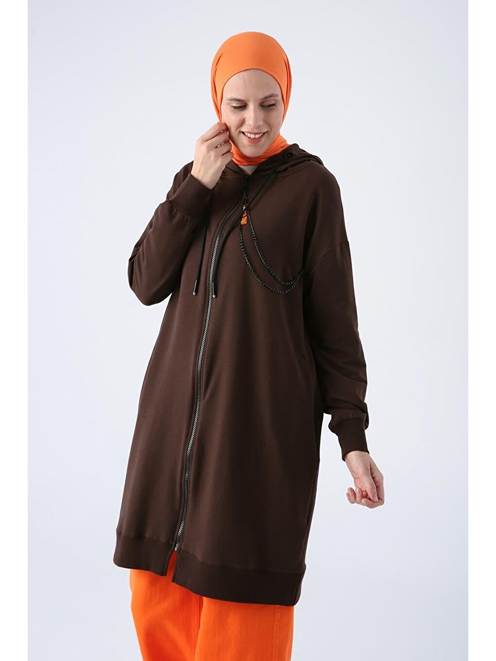 Kahverengi Koyu Kahve-Kapüşonlu Zincir Detaylı Fermuarlı Elastanlı Sweat Hırka