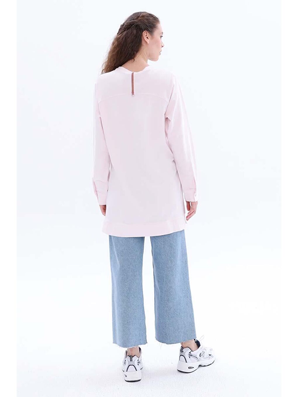 Açık Pembe-Pamuklu Reglan Kol Manşetli Yanları Yırtmaçlı Elastanlı Sweat-3