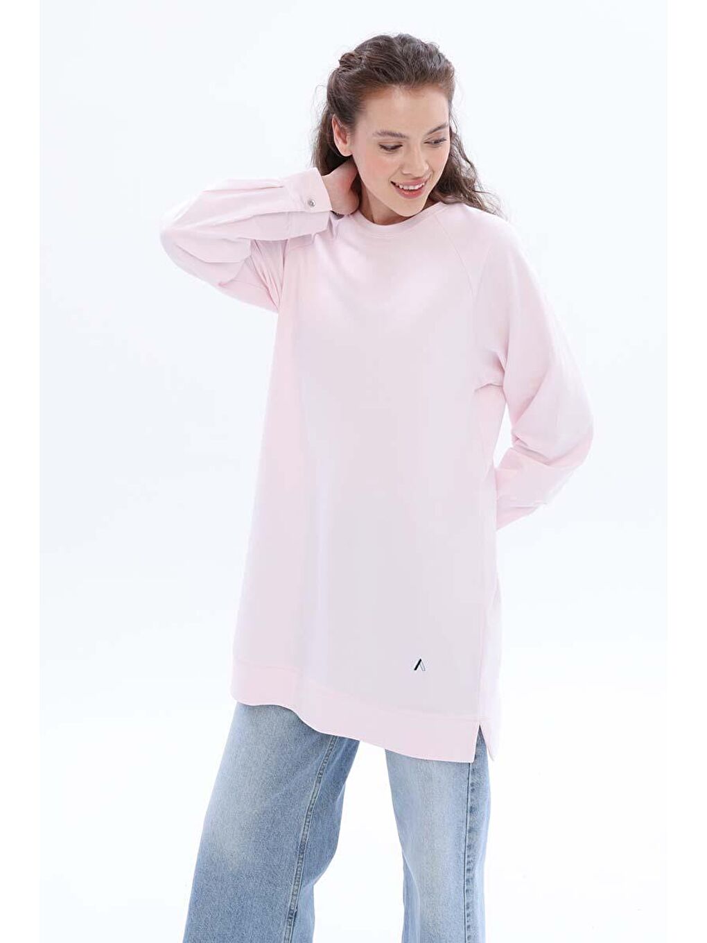 Açık Pembe-Pamuklu Reglan Kol Manşetli Yanları Yırtmaçlı Elastanlı Sweat-4