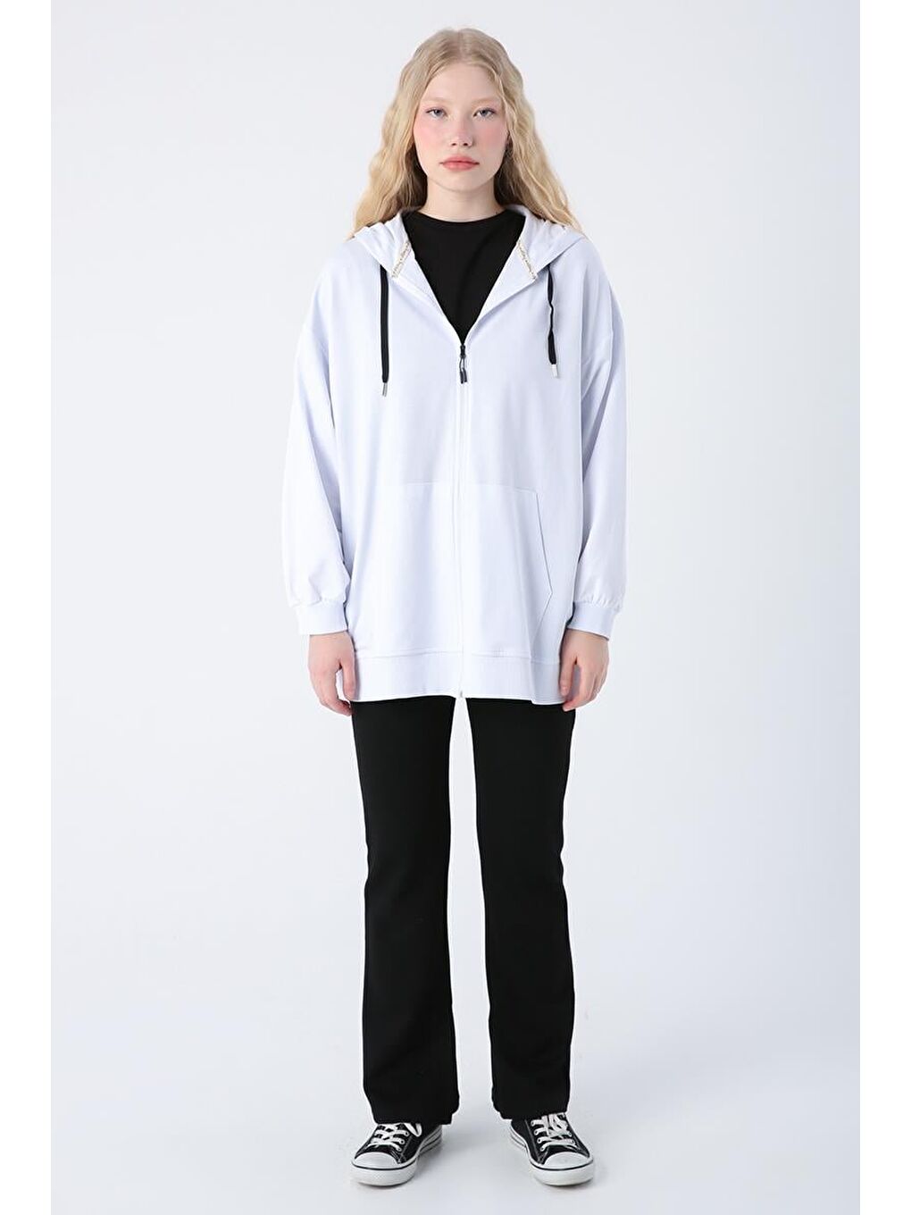 Beyaz Oversize Kapüşonlu Sweat Hırka-1