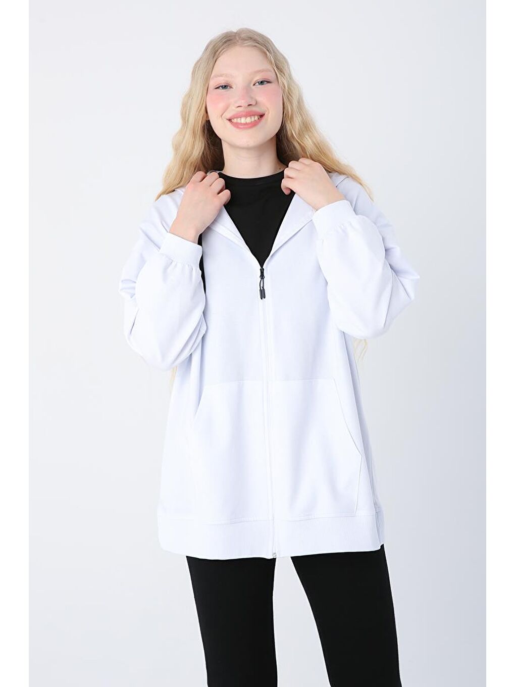 Beyaz Oversize Kapüşonlu Sweat Hırka-4