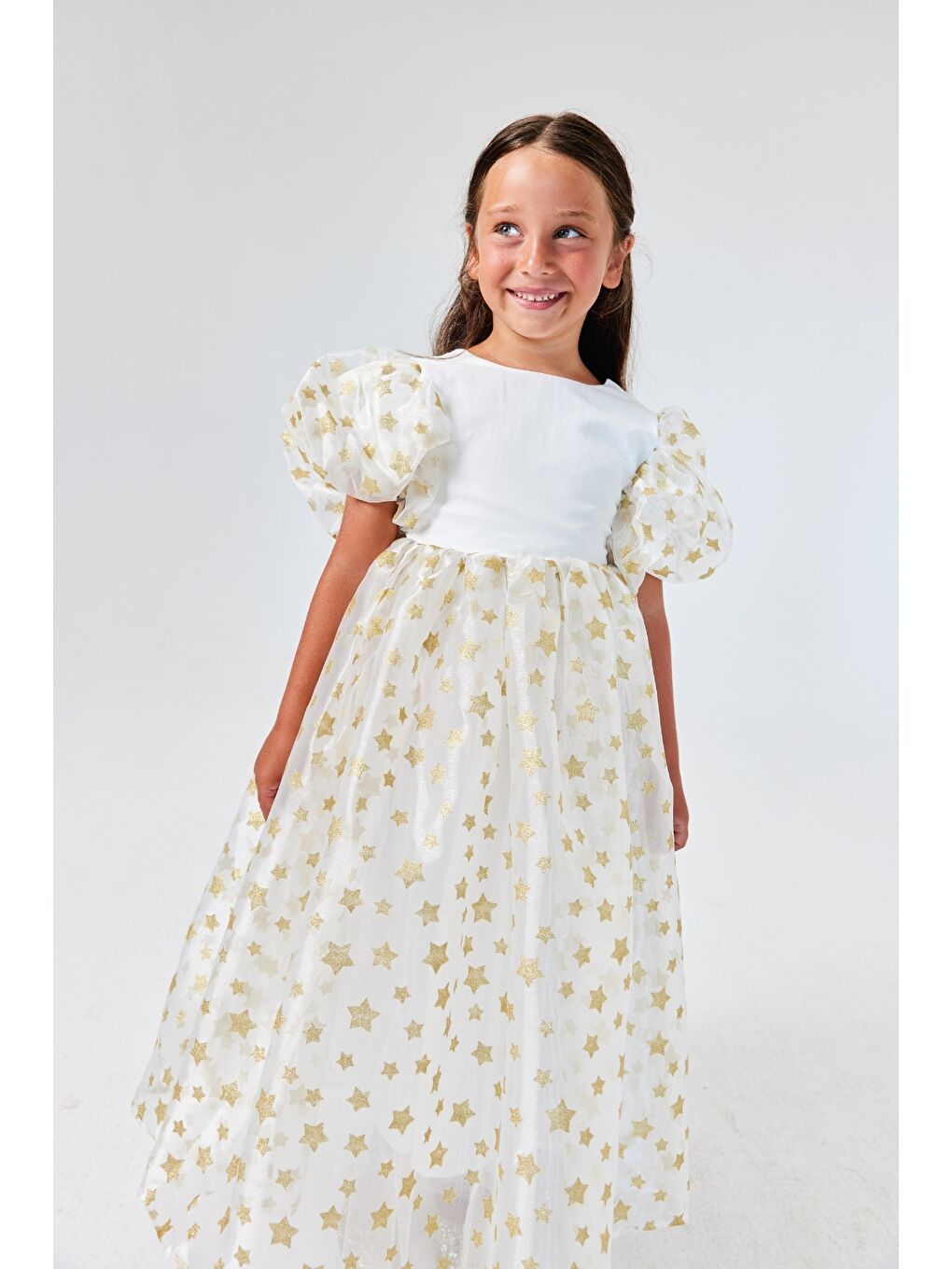 Ekru Yıldızlı Tül Etekli Kız Çocuk Elbise - Elsa