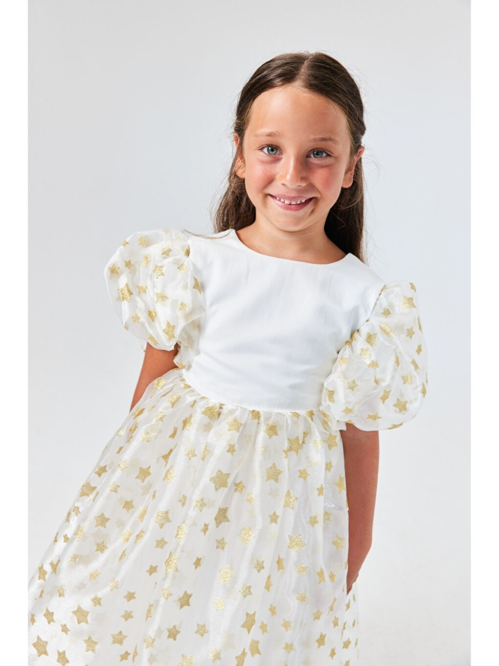 Ekru Yıldızlı Tül Etekli Kız Çocuk Elbise - Elsa-1