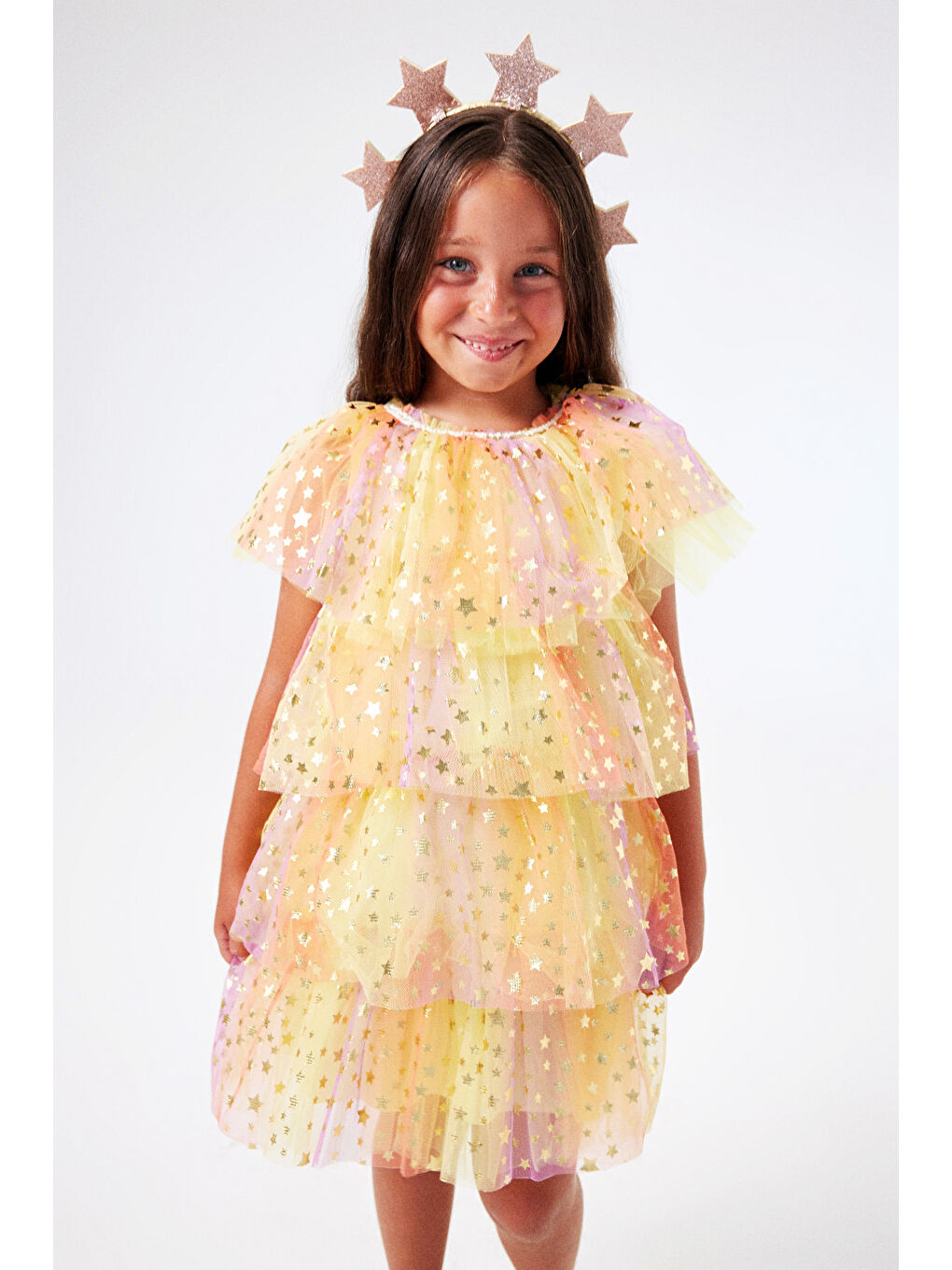 Sarı Tonları Yıldız Baskılı Katlı Tül Kız Çocuk Elbise - Estela
