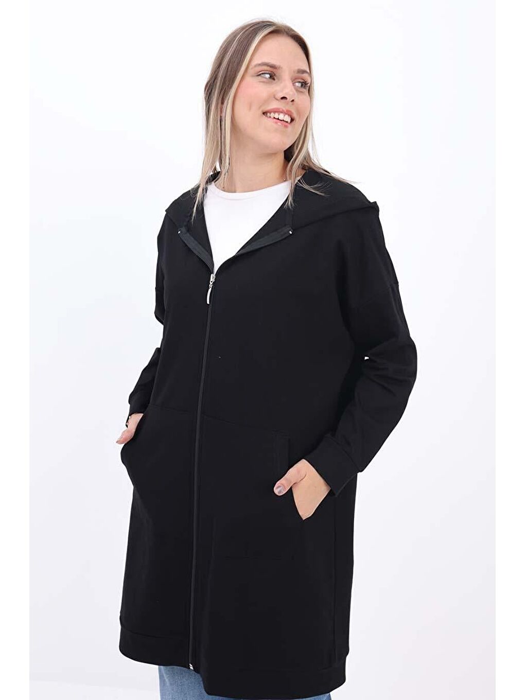 Siyah Kapüşonlu Fermuarlı Sweat Hırka