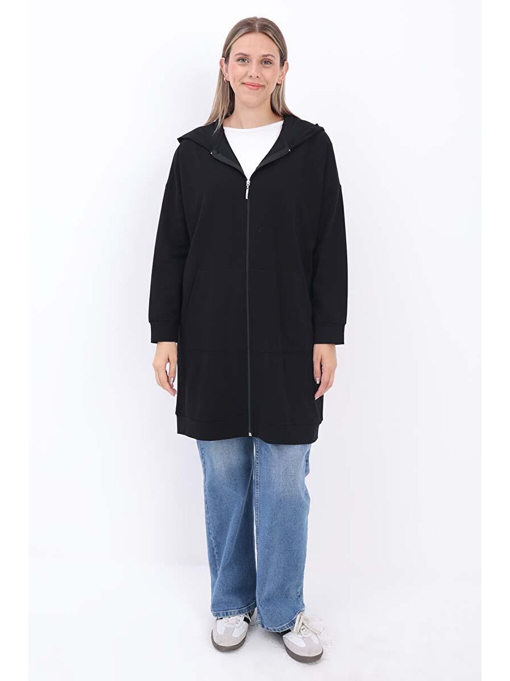 Siyah Kapüşonlu Fermuarlı Sweat Hırka-1