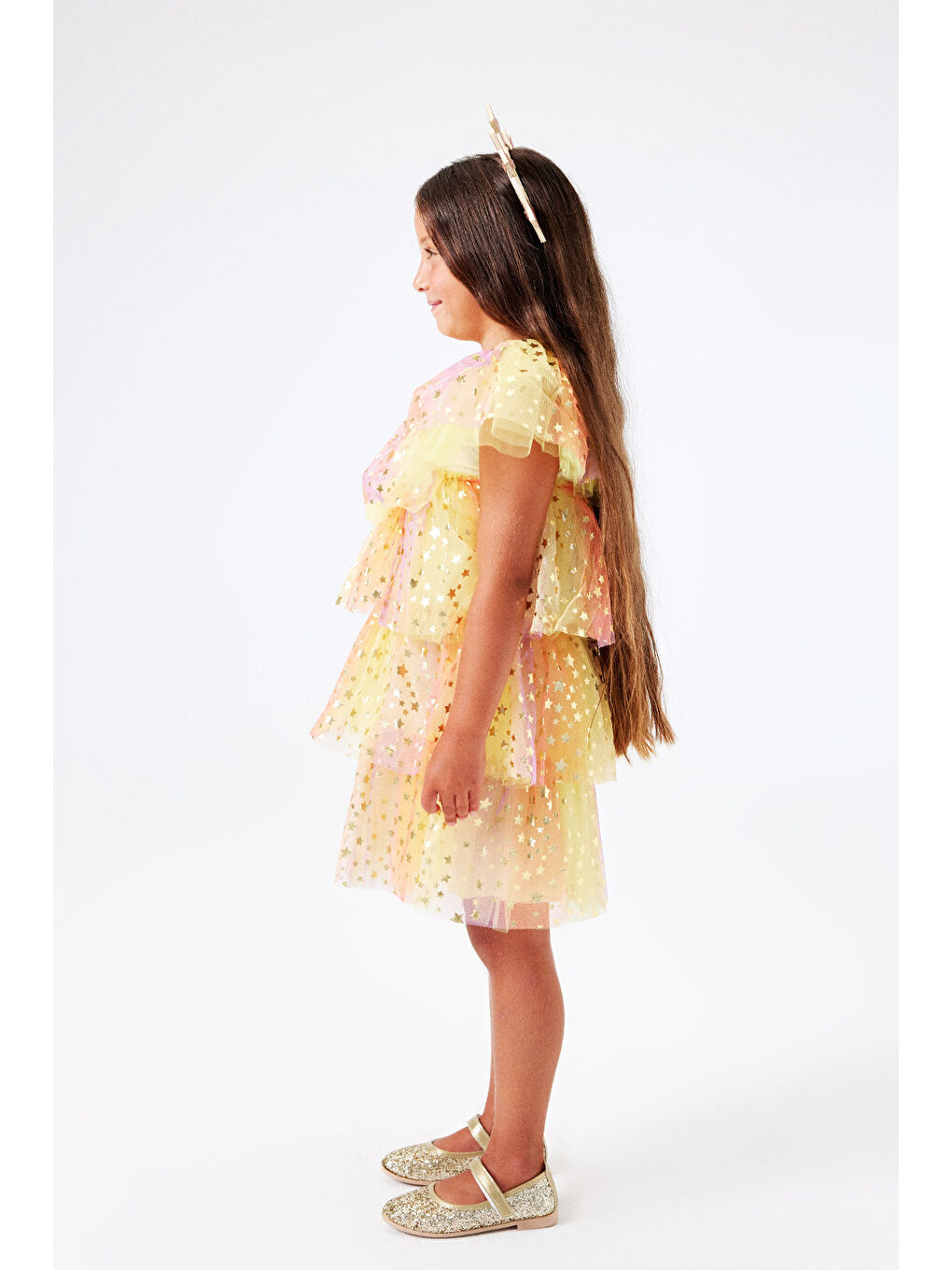 Sarı Tonları Yıldız Baskılı Katlı Tül Kız Çocuk Elbise - Estela-1