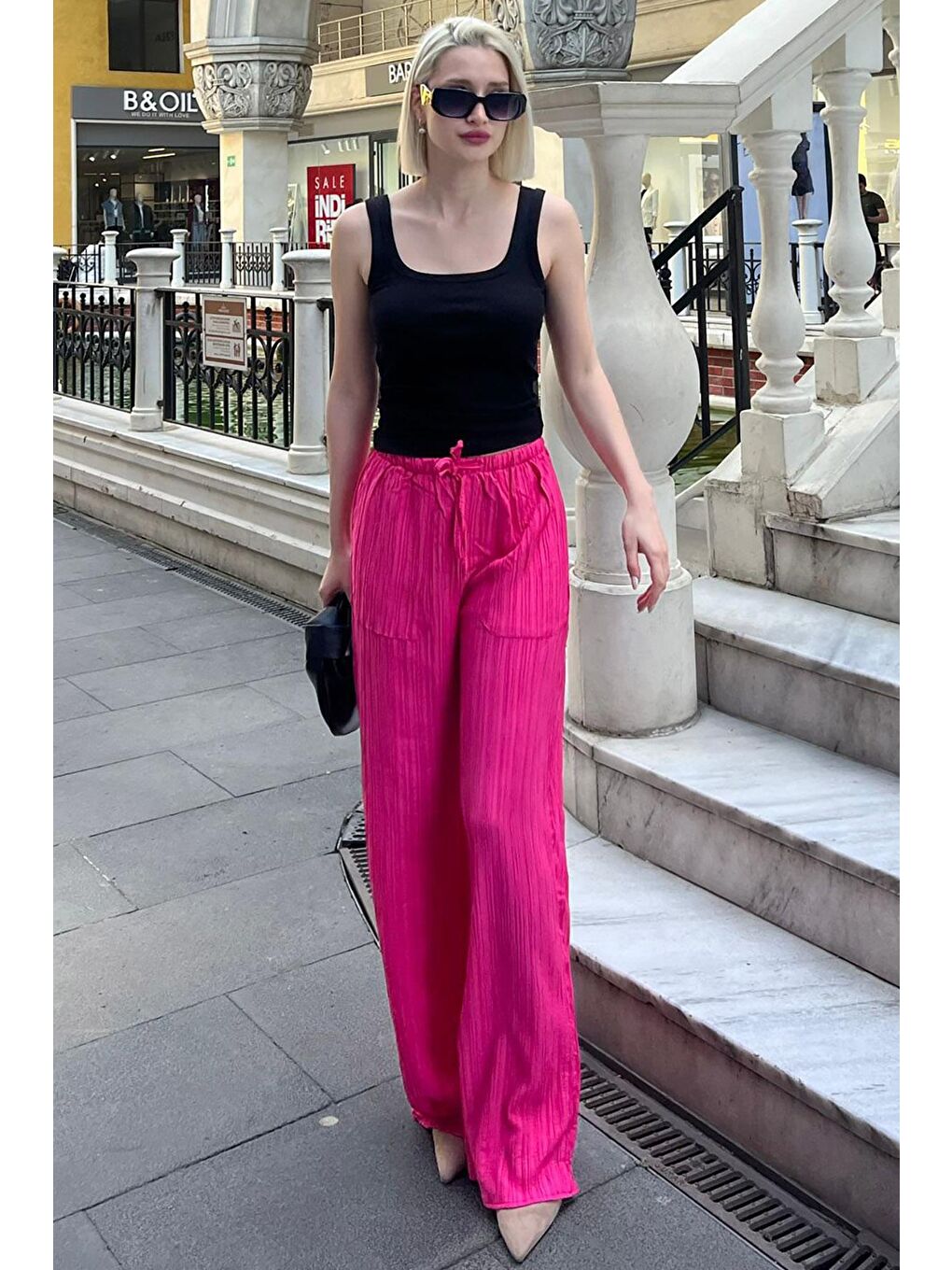 Fuşya Kahverengi Cepli Bol Paça Kadın Pantolon Mg1882-2