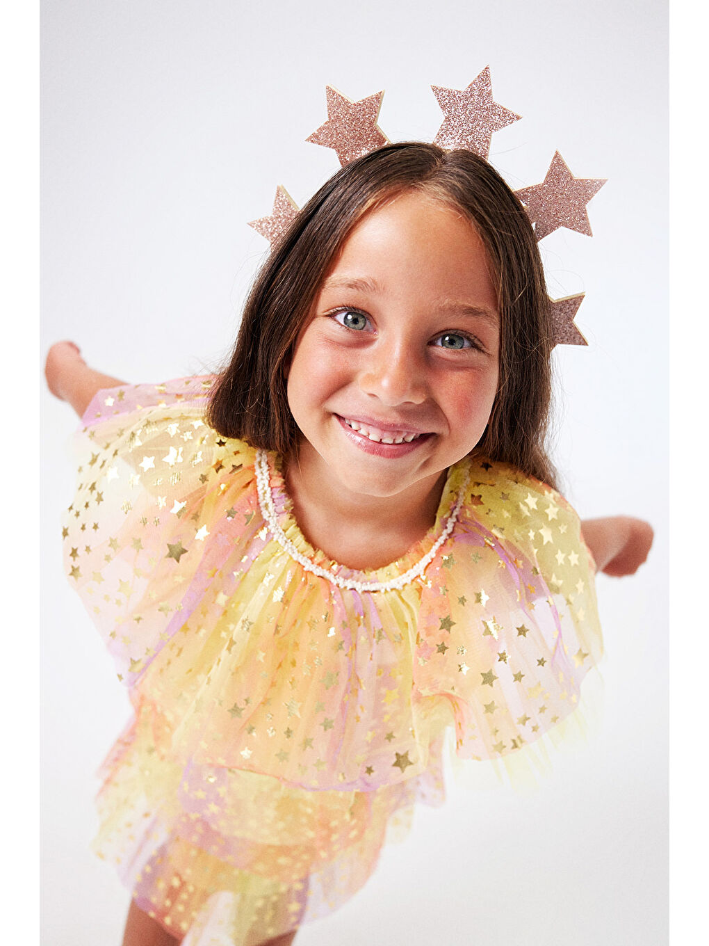 Sarı Tonları Yıldız Baskılı Katlı Tül Kız Çocuk Elbise - Estela-2