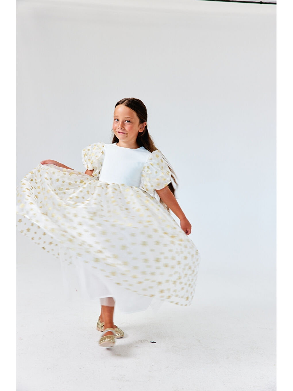 Ekru Yıldızlı Tül Etekli Kız Çocuk Elbise - Elsa-2