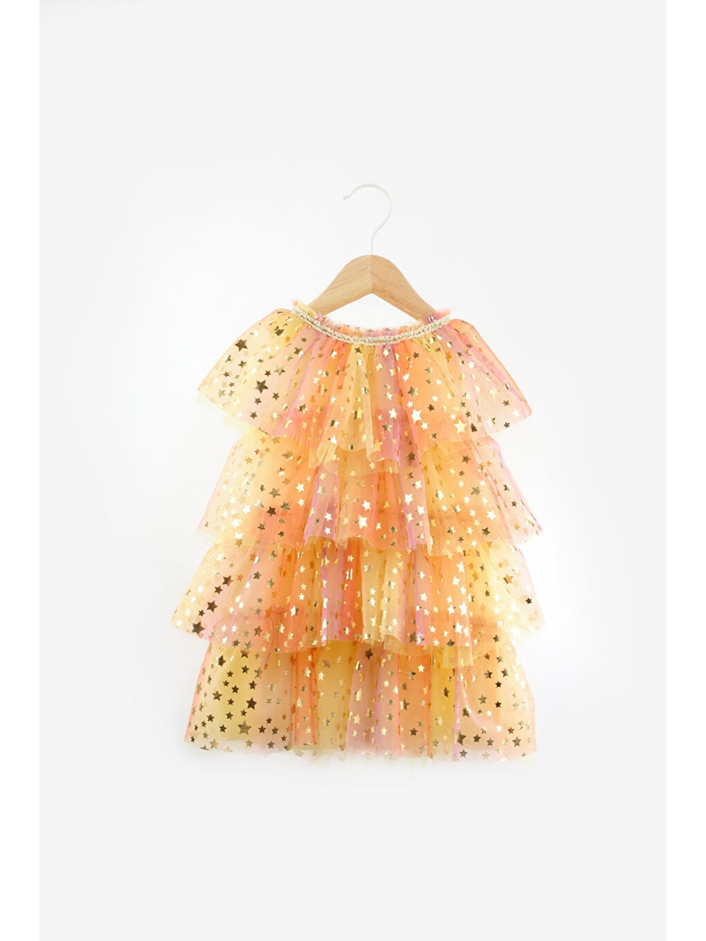 Sarı Tonları Yıldız Baskılı Katlı Tül Kız Çocuk Elbise - Estela-3