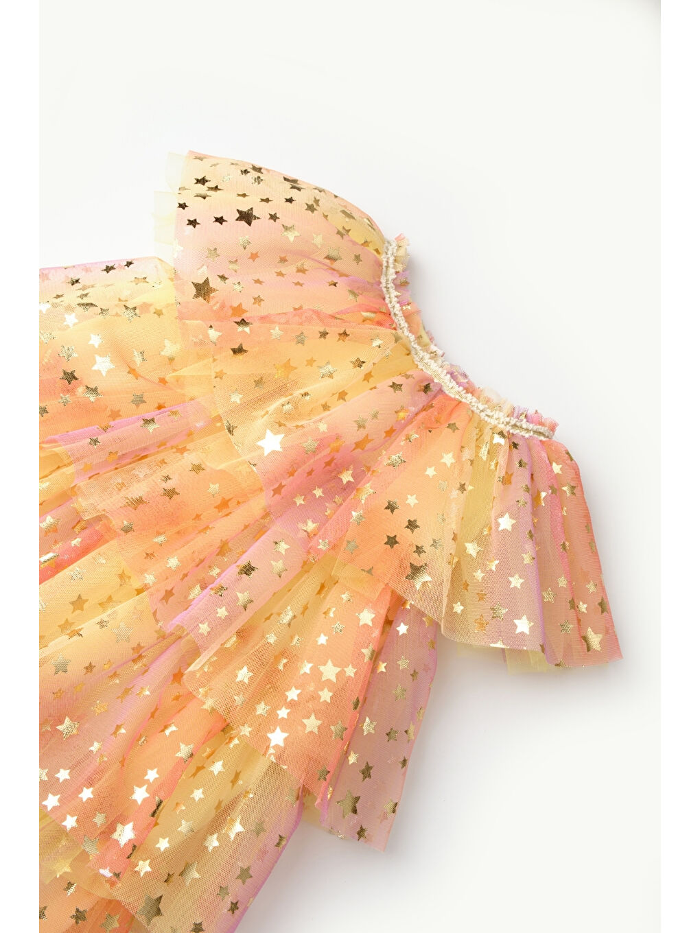 Sarı Tonları Yıldız Baskılı Katlı Tül Kız Çocuk Elbise - Estela-4