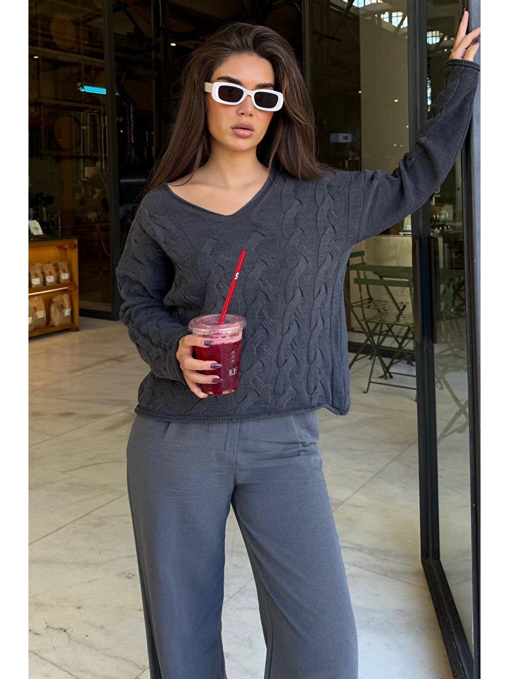 Antrasit V Yaka Örgü Desen Oversize Kadın Kazak Mg2519