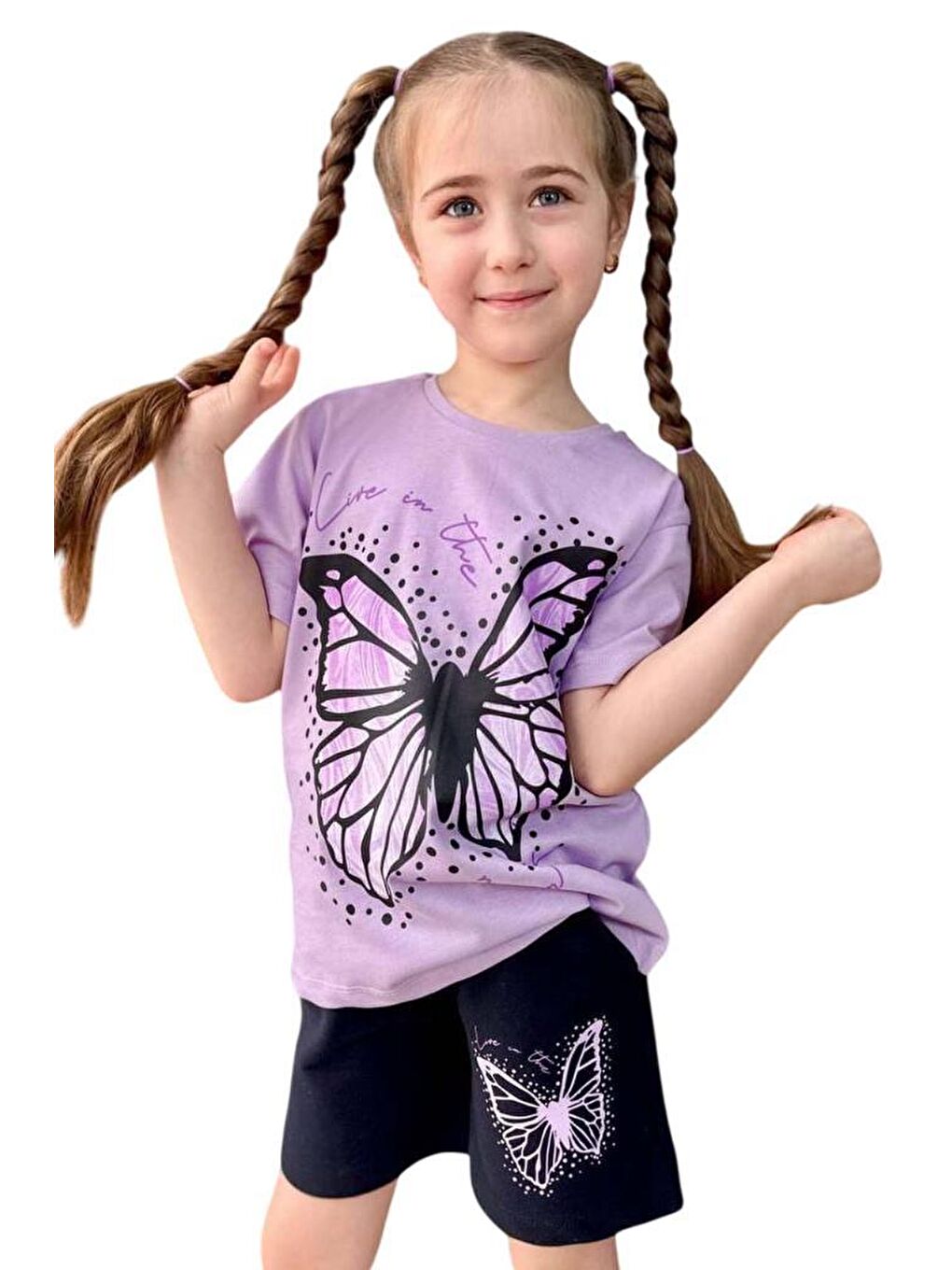 Kız Çocuk Kara Kalem Kelebek Baskılı Penye Lila T-Shirt Şortlu Takım-3
