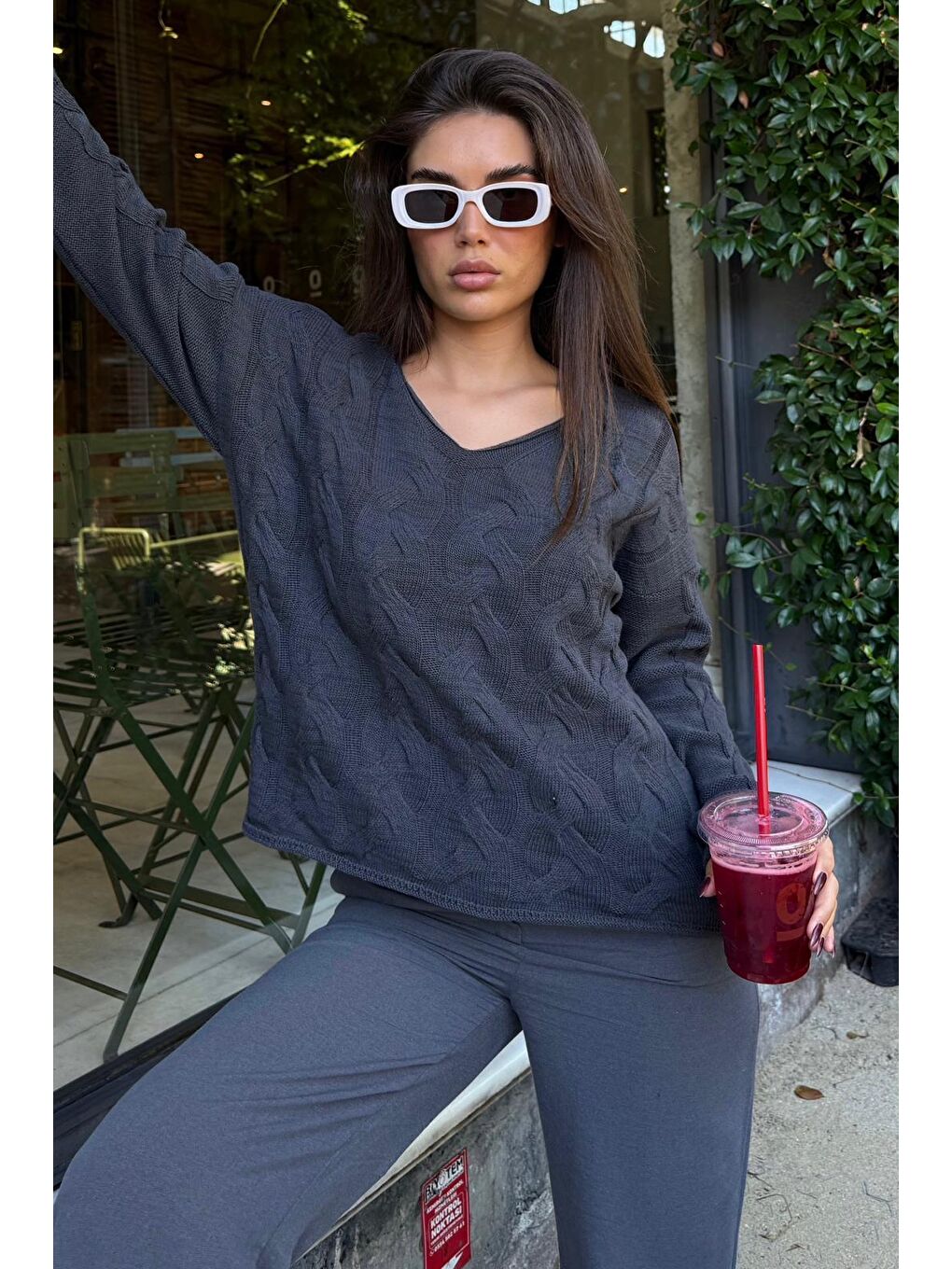 Antrasit V Yaka Örgü Desen Oversize Kadın Kazak Mg2519-1