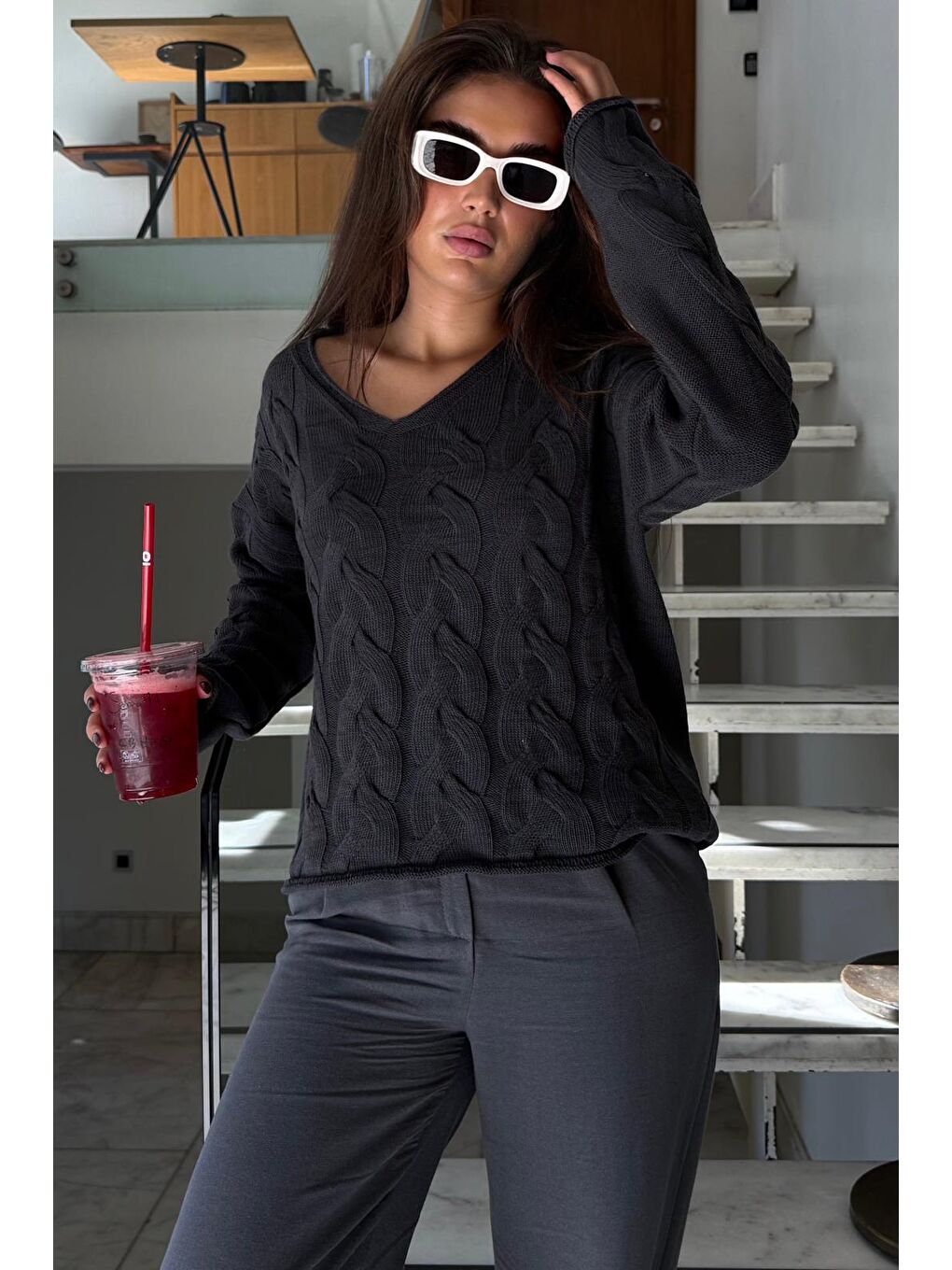Antrasit V Yaka Örgü Desen Oversize Kadın Kazak Mg2519-3