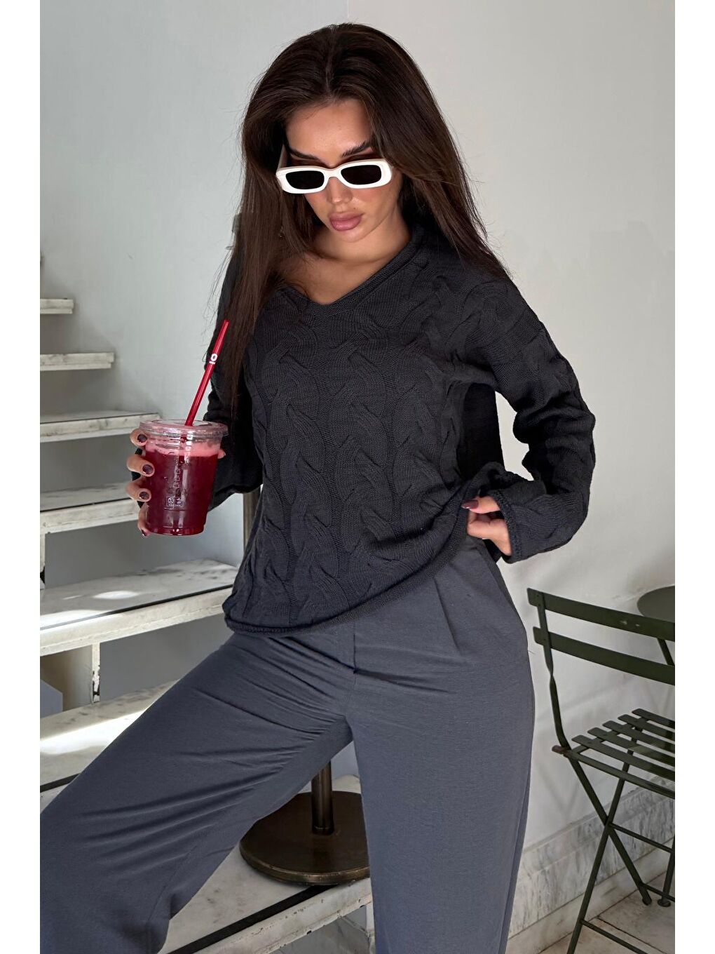 Antrasit V Yaka Örgü Desen Oversize Kadın Kazak Mg2519-5