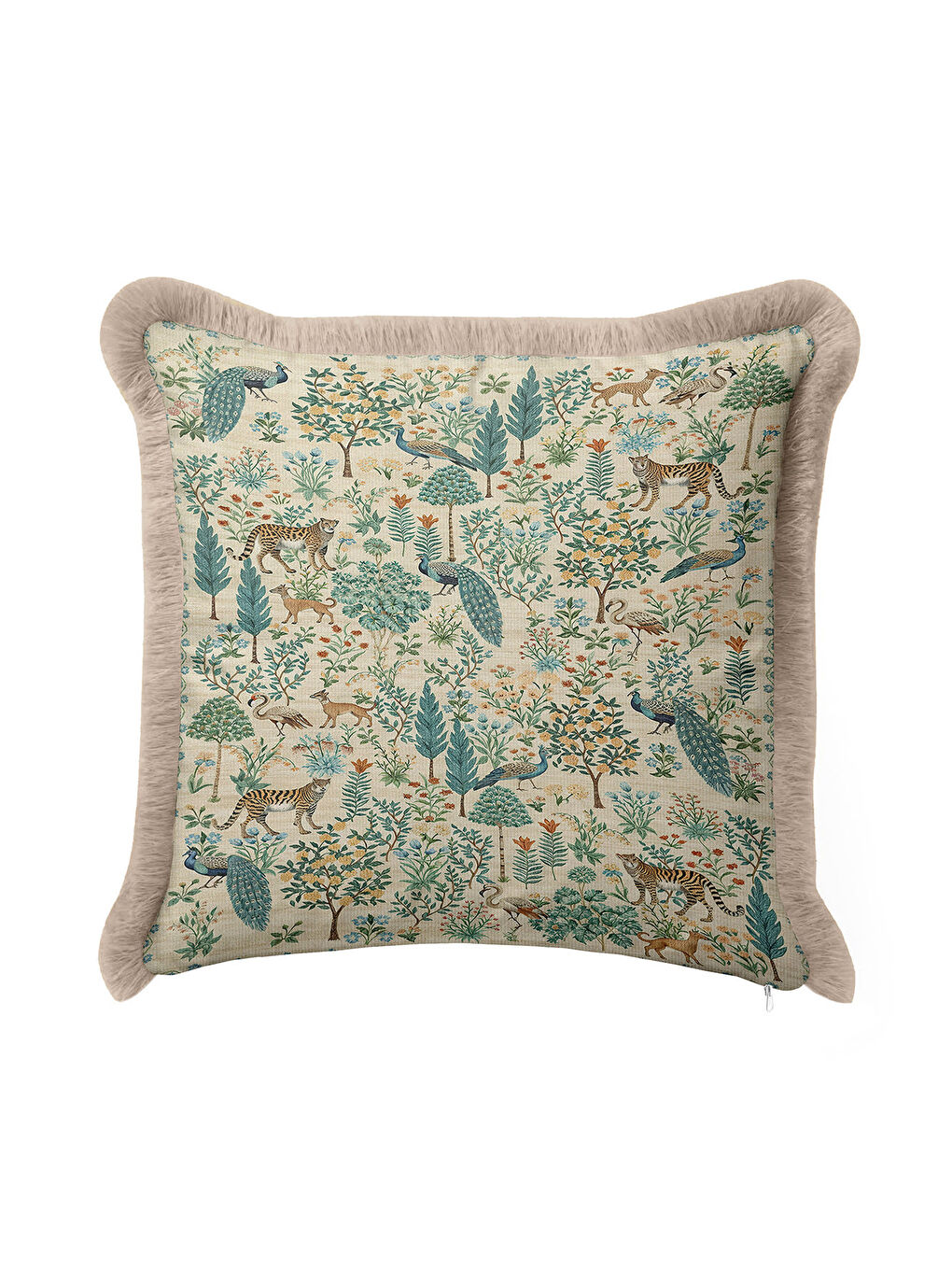 Karışık Egzotik Orman Saçaklı Yastık Kılıfı - Doğal Vahşi Bohem Yeşil Bej Püsküllü Kırlent Kılıfı