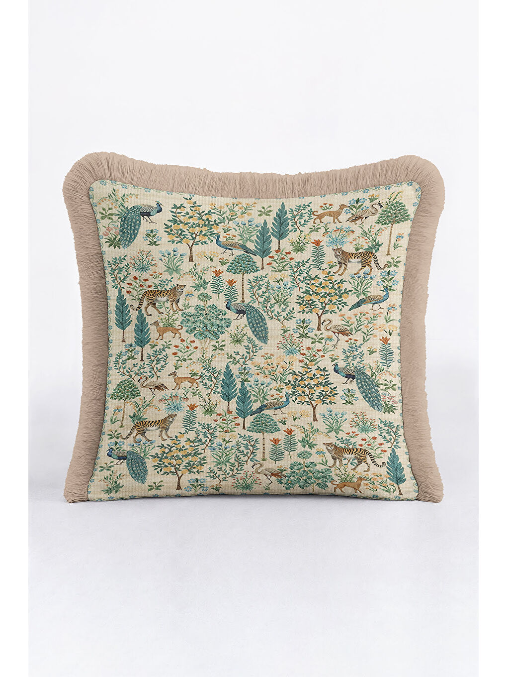 Karışık Egzotik Orman Saçaklı Yastık Kılıfı - Doğal Vahşi Bohem Yeşil Bej Püsküllü Kırlent Kılıfı-1