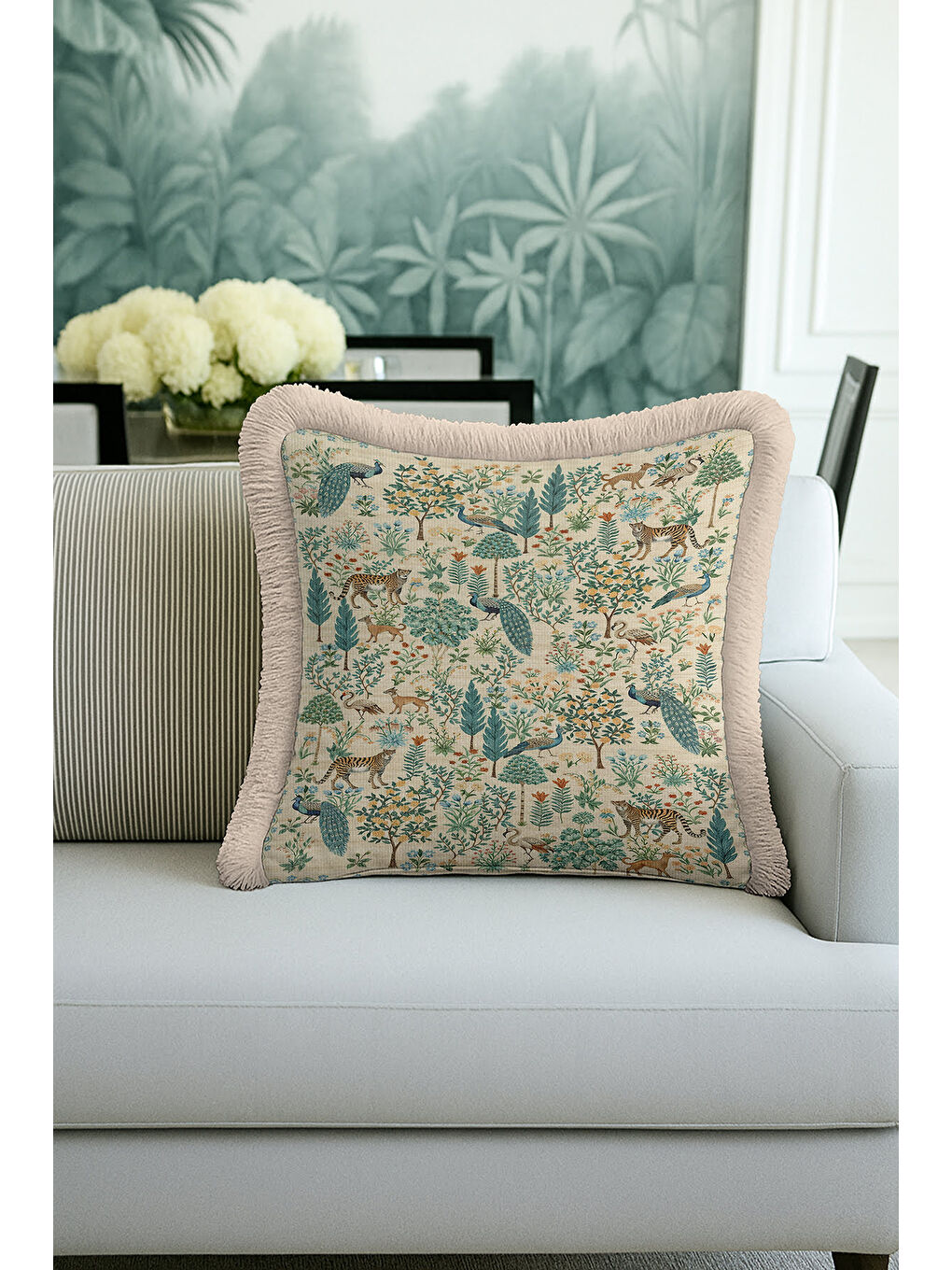 Karışık Egzotik Orman Saçaklı Yastık Kılıfı - Doğal Vahşi Bohem Yeşil Bej Püsküllü Kırlent Kılıfı-2