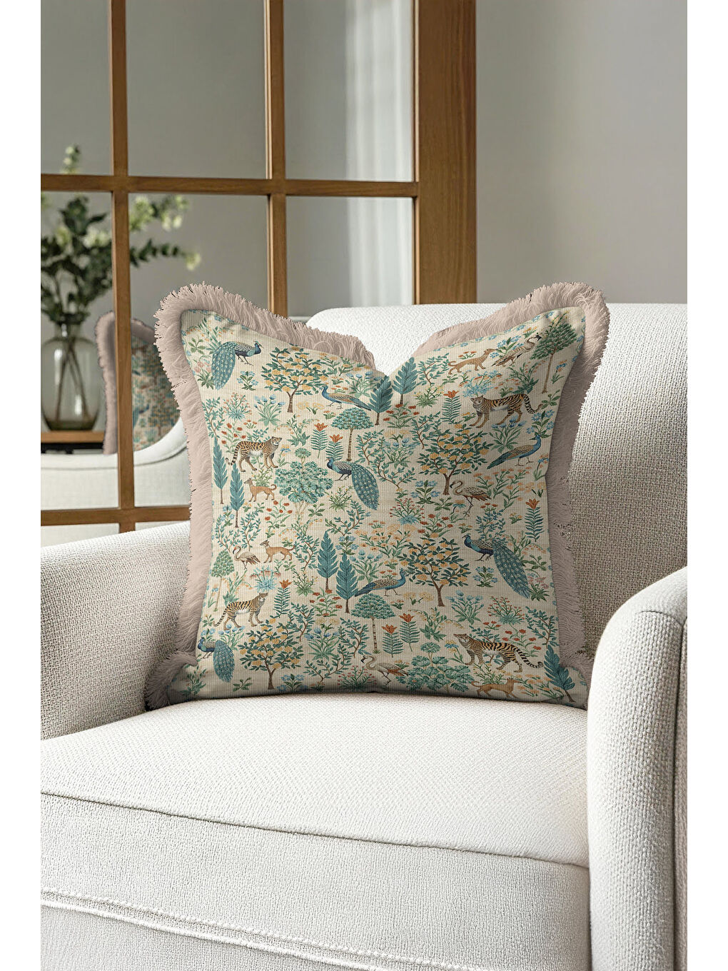 Karışık Egzotik Orman Saçaklı Yastık Kılıfı - Doğal Vahşi Bohem Yeşil Bej Püsküllü Kırlent Kılıfı-3