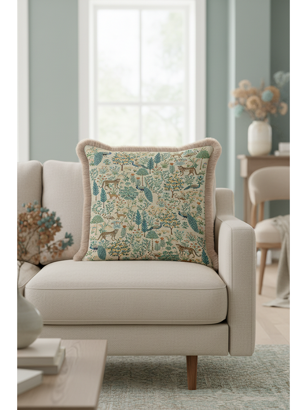 Karışık Egzotik Orman Saçaklı Yastık Kılıfı - Doğal Vahşi Bohem Yeşil Bej Püsküllü Kırlent Kılıfı-4