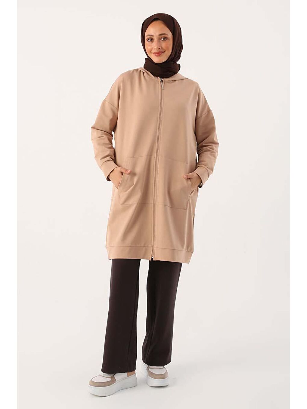 Bej Kapüşonlu Fermuarlı Sweat Hırka-1