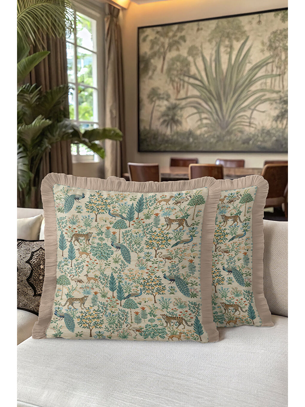 Karışık Egzotik Orman Saçaklı Yastık Kılıfı - Doğal Vahşi Bohem Yeşil Bej Püsküllü Kırlent Kılıfı-5