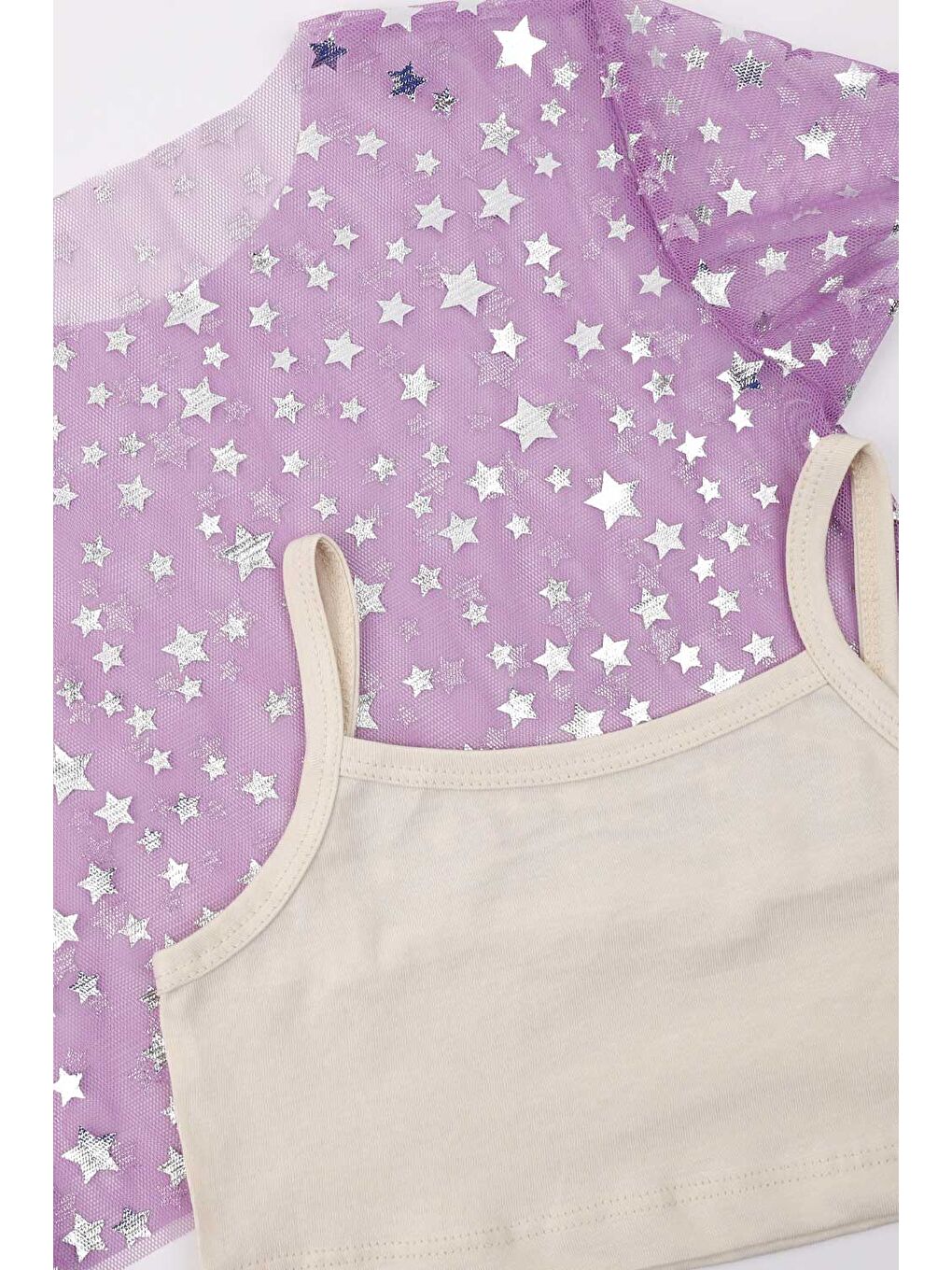 Lila  Yıldız Baskılı Kız Çocuk Tül Crop Bluz-2