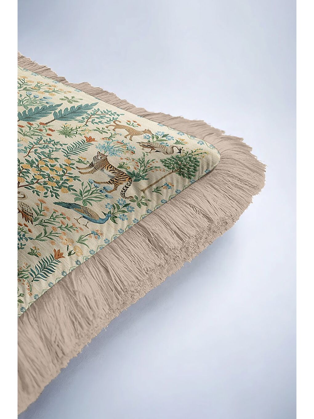 Karışık Egzotik Orman Saçaklı Yastık Kılıfı - Doğal Vahşi Bohem Yeşil Bej Püsküllü Kırlent Kılıfı-6