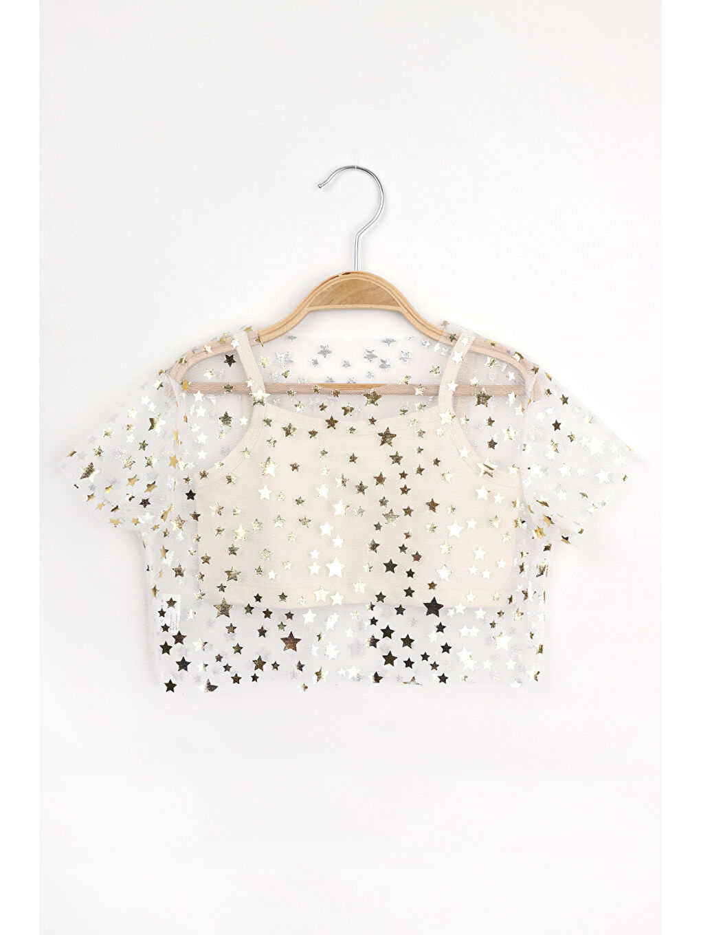 Ekru  Yıldız Baskılı Kız Çocuk Tül Crop Bluz-1