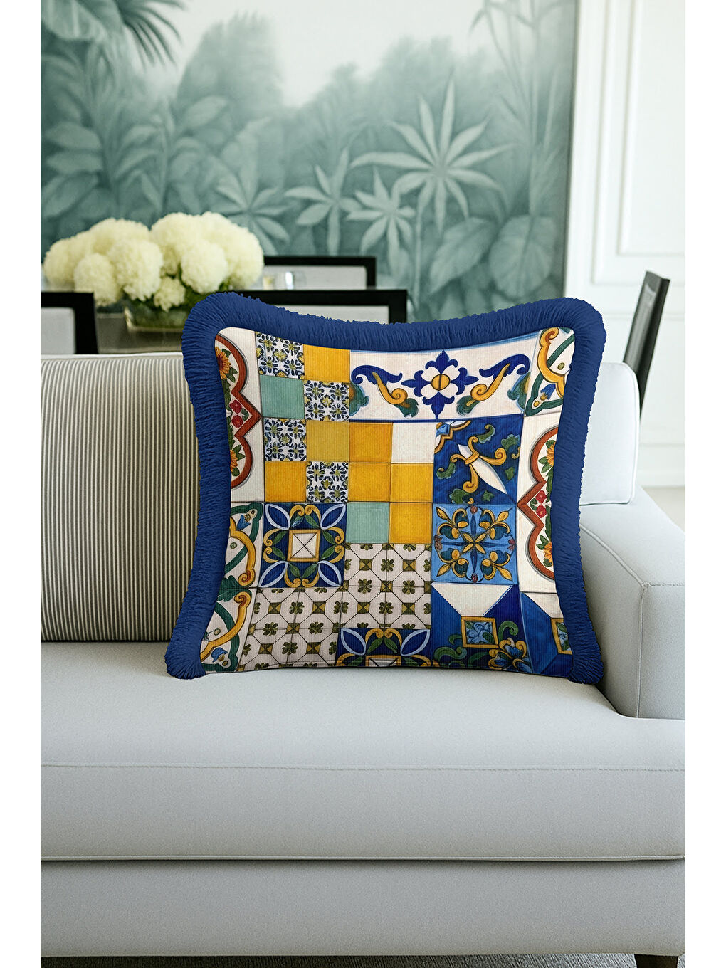 Karışık Akdeniz Seramik Mozaik Saçaklı Yastık Kılıfı - Vintage Renkli Mavi Sarı Püsküllü Kırlent Kılıfı