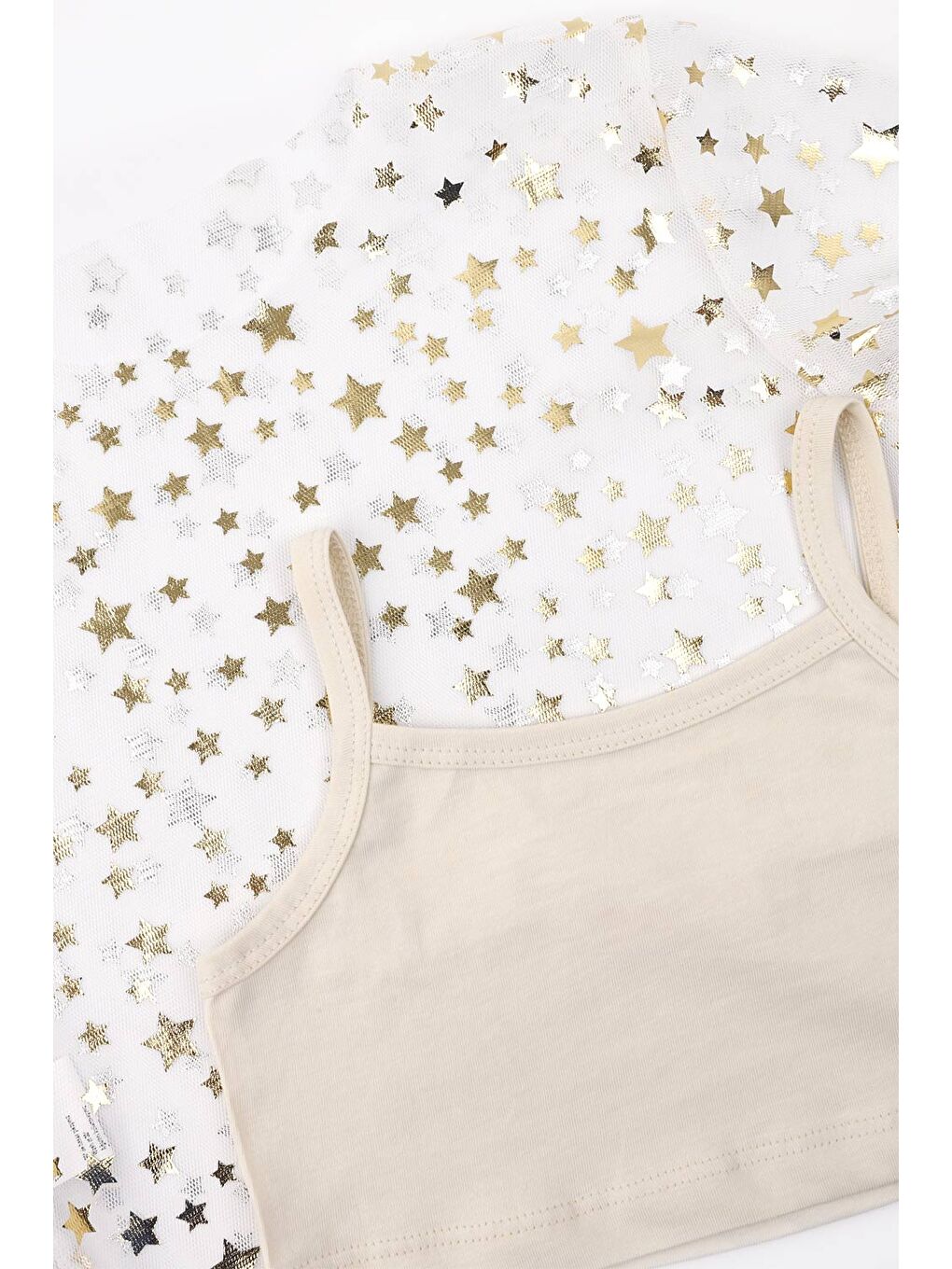 Ekru  Yıldız Baskılı Kız Çocuk Tül Crop Bluz-3