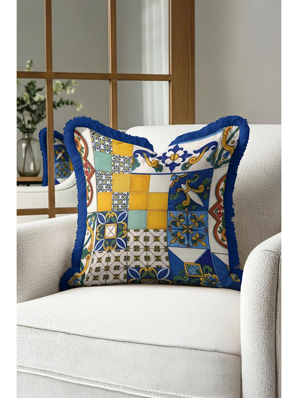 Karışık Akdeniz Seramik Mozaik Saçaklı Yastık Kılıfı - Vintage Renkli Mavi Sarı Püsküllü Kırlent Kılıfı-1