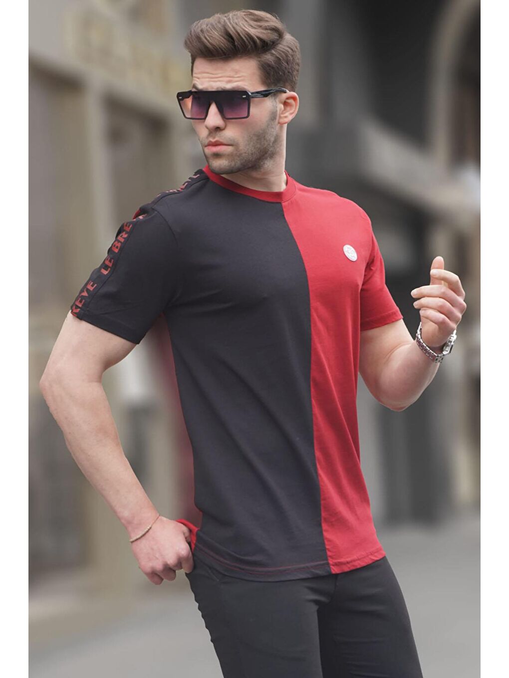 Bordo Renk Bloklu Bisiklet Yaka Erkek %100 Pamuk Tişört 5398