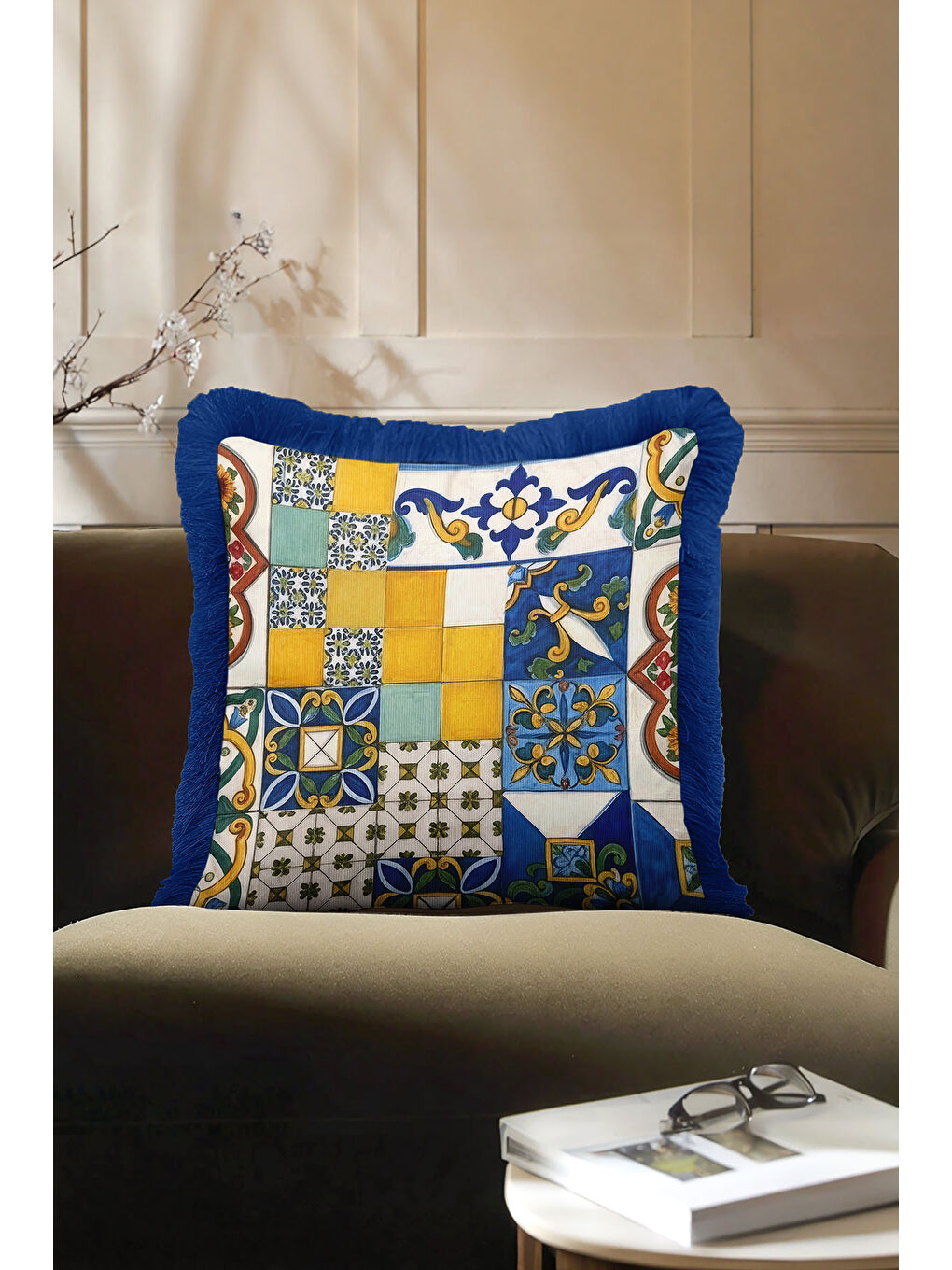 Karışık Akdeniz Seramik Mozaik Saçaklı Yastık Kılıfı - Vintage Renkli Mavi Sarı Püsküllü Kırlent Kılıfı-2