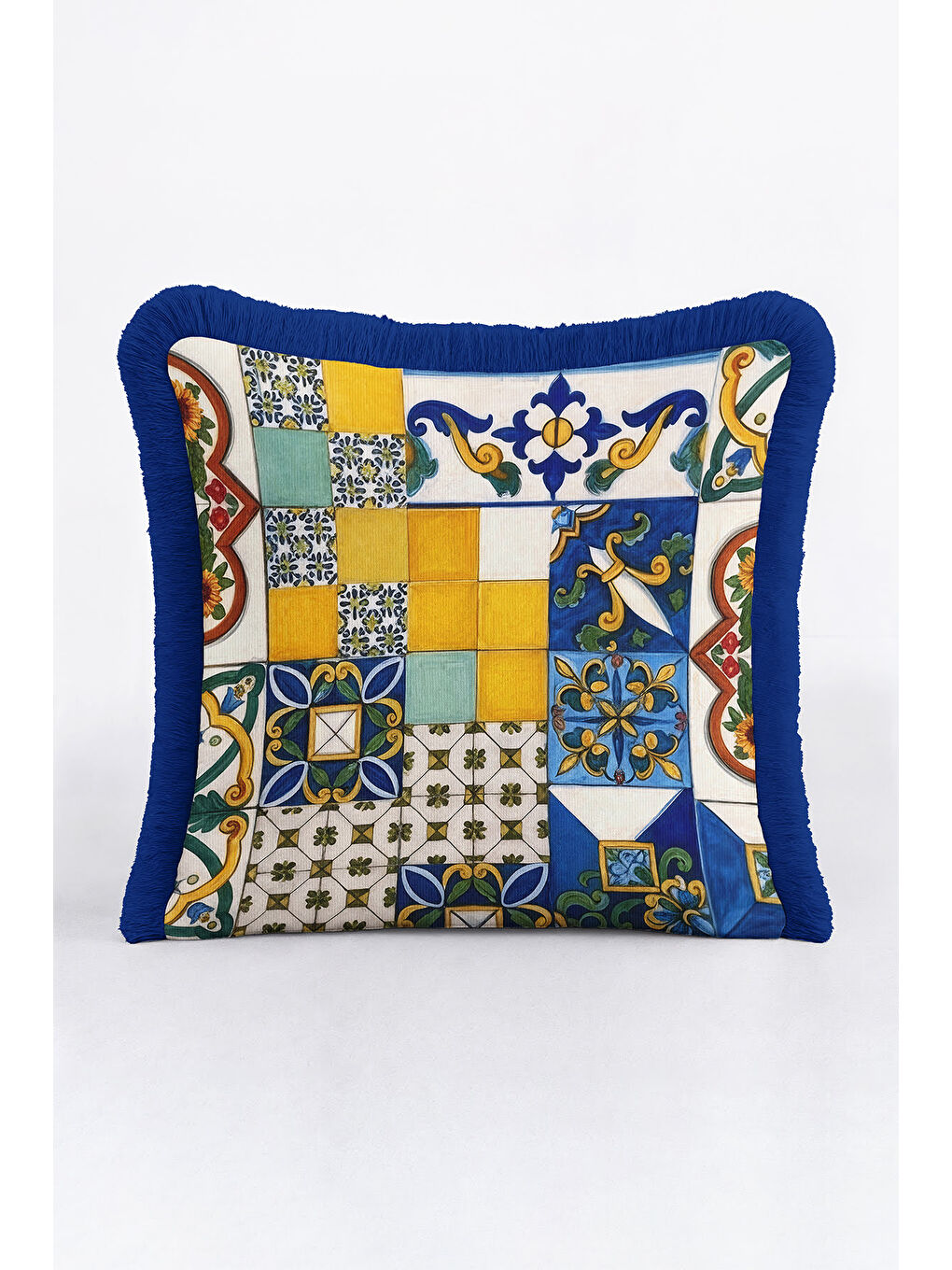 Karışık Akdeniz Seramik Mozaik Saçaklı Yastık Kılıfı - Vintage Renkli Mavi Sarı Püsküllü Kırlent Kılıfı-3