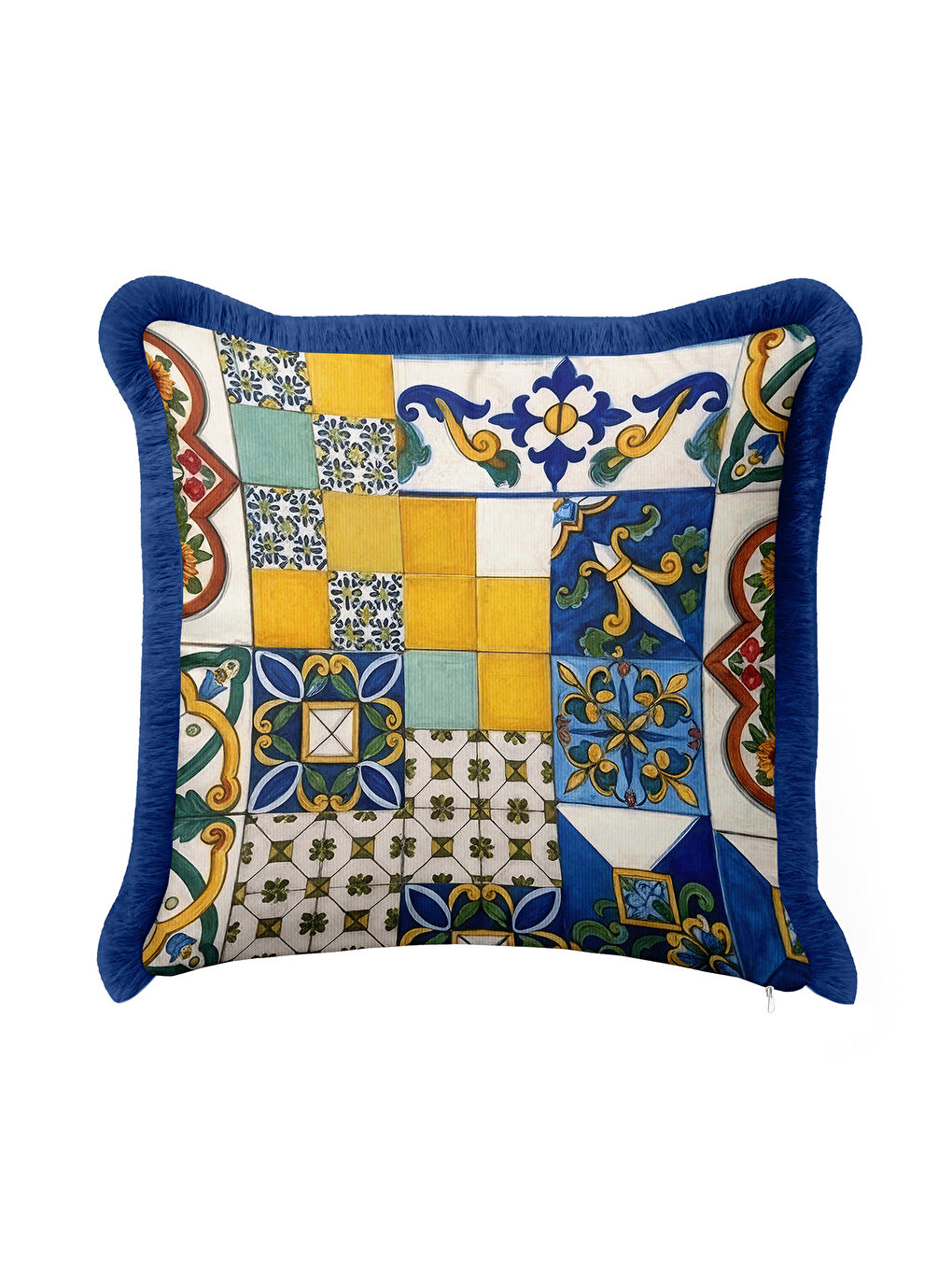 Karışık Akdeniz Seramik Mozaik Saçaklı Yastık Kılıfı - Vintage Renkli Mavi Sarı Püsküllü Kırlent Kılıfı-4